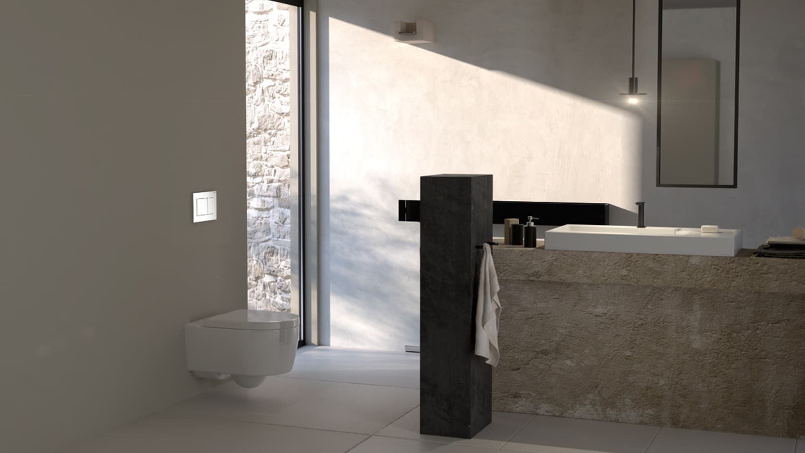 Geberit 벽걸이 양변기와 물내림 누름버튼 Sigma 30 제품이 함께 있는 욕실 Geberit 벽걸이 양변기와 물내림 누름버튼 Sigma 30 제품이 함께 있는 욕실