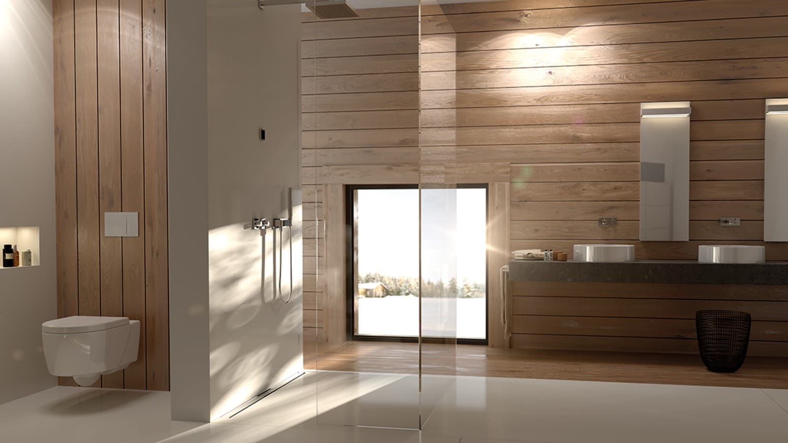 Geberit WC 세라믹 기기, Geberit 물내림 누름버튼 Sigma70 와 샤워 채널 CleanLine 제품이 있는 욕실 Geberit WC 세라믹 기기, Geberit 물내림 누름버튼 Sigma70 와 샤워 채널 CleanLine 제품이 있는 욕실